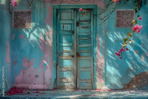 Vintage Weathered Doorway with Rose Pink Artistic Touches in a Hot  Sunlit Environment
