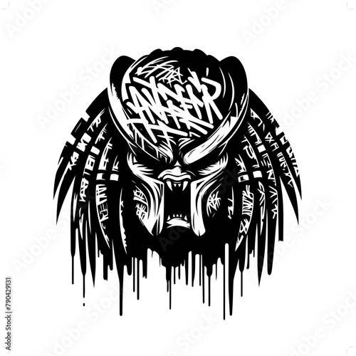 alien predator silhouette, horror character in graffiti tag, hip hop, street art typography illustration.