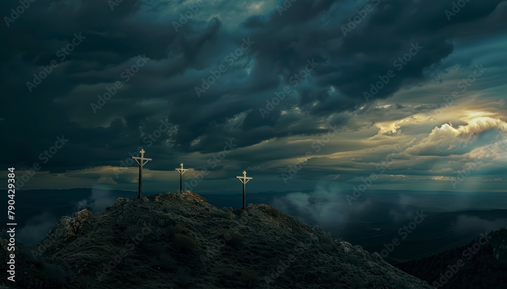 Obraz premium The Christianity themed on a background with dramatic at dawn, the spirit of preaching the Gospel throughout the world. A beautiful sea of ​​clouds, dark clouds and sky and sunbeams