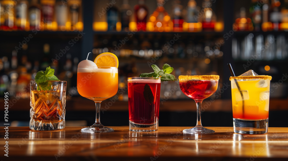 An array of five different cocktails is presented on a wooden bar counter, showcasing a diversity of colors and glassware. An array of five different cocktails is presented on a wooden bar counter, showcasing a diversity of colors and glassware.