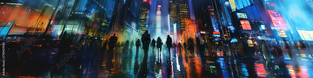 People navigate the city streets amidst towering skyscrapers, their umbrellas creating a vibrant contrast against the gloomy backdrop of a rainy evening. Watercolor painting style.
