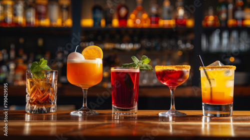 An array of five different cocktails is presented on a wooden bar counter  showcasing a diversity of colors and glassware.