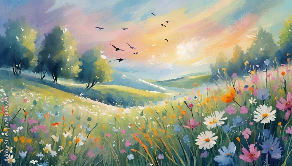 A tranquil meadow with wildflowers swaying in the breeze, birds chirping, and the warm sun casting long shadows. Rendered with soft pastels and gentle brushstrokes, evoking a sense of calm and content