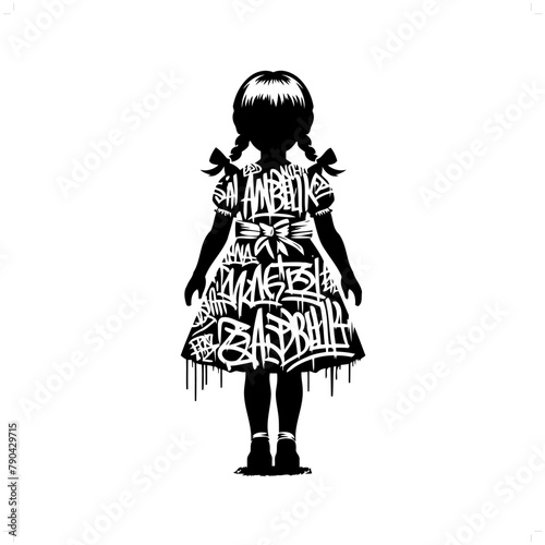 Annabelle; doll silhouette, horror character in graffiti tag, hip hop, street art typography illustration.