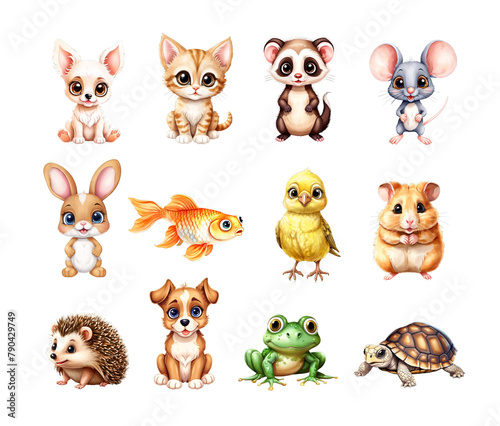 Group of cute cartoon pet, farm and wild animals set, isolated on transparent background. Kids art for sticker, poster, greeting card.
