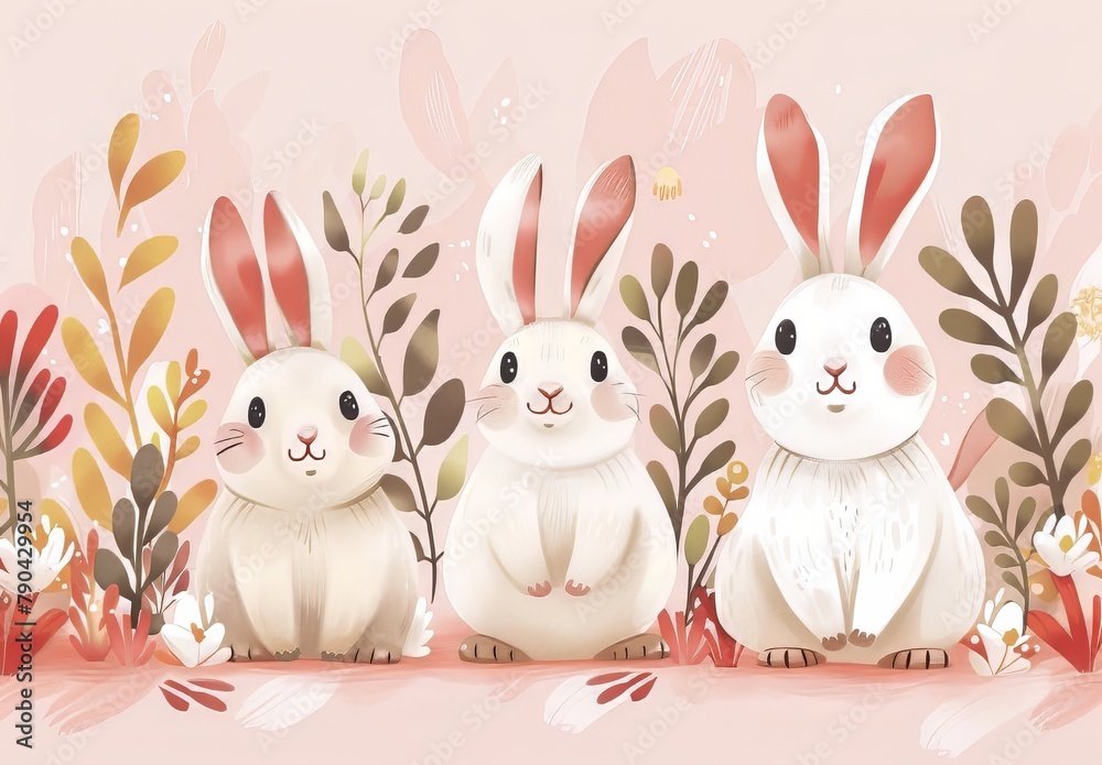 Obraz premium Cute bunnies: adorable bunny art featuring chubby cheeks, expressive eyes. Easter-themed content