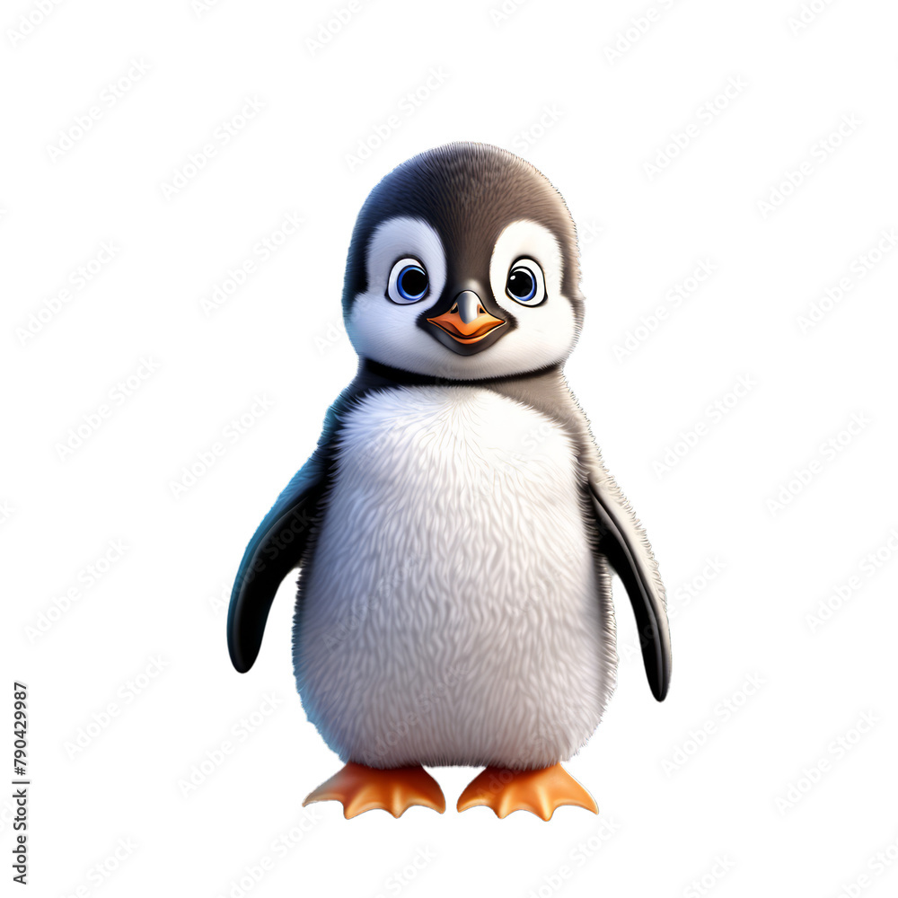 Fototapeta premium Stylized penguin in 3D cartoon animal style. Isolated on transparent background. Cute design for kids, child illustration.