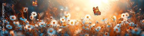A wide header with daisies and butterflies in a sunlit meadow. 