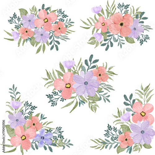 purple peach floral bouquet watercolor collection
