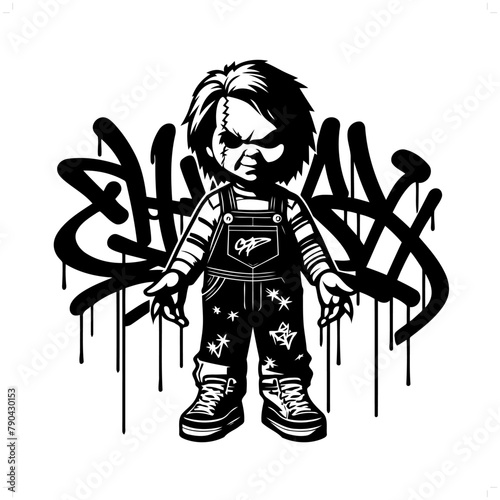 Chucky; doll silhouette, horror character in graffiti tag, hip hop, street art typography illustration. photo
