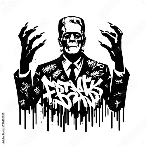 frankenstein silhouette, horror character in graffiti tag, hip hop, street art typography illustration.