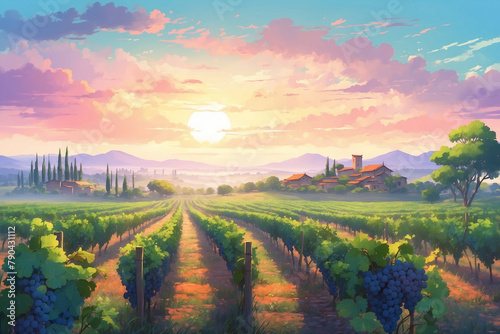 A fruitful vineyard at a misty morning sunrise. In anime style