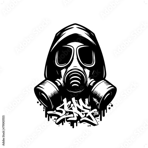 gassmask silhouette, horror character in graffiti tag, hip hop, street art typography illustration.