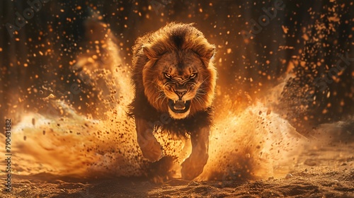 An angry lion with an open mouth. expression of anger. Portrait of a big male lion with open mouth on a dark background. Big male lion in fire on black background. Wildlife scene with big cat. 