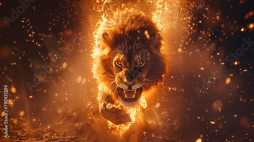 An angry lion with an open mouth. expression of anger. Portrait of a big male lion with open mouth on a dark background. Big male lion roaring in the dark with fire and smoke around him.
