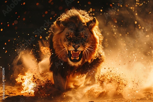 An angry lion with an open mouth. expression of anger. Portrait of a big male lion with open mouth on a dark background. Big male lion in fire on black background. Wildlife scene with big cat. 