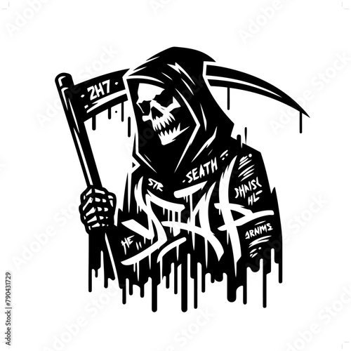 grim reaper silhouette, horror character in graffiti tag, hip hop, street art typography illustration.