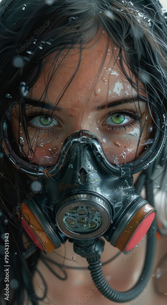A portrait of an anime girl with short black hair, wearing green neon glowing headphones and a futuristic gas mask A portrait of an anime girl with short black hair, wearing green neon glowing headphones and a futuristic gas mask
