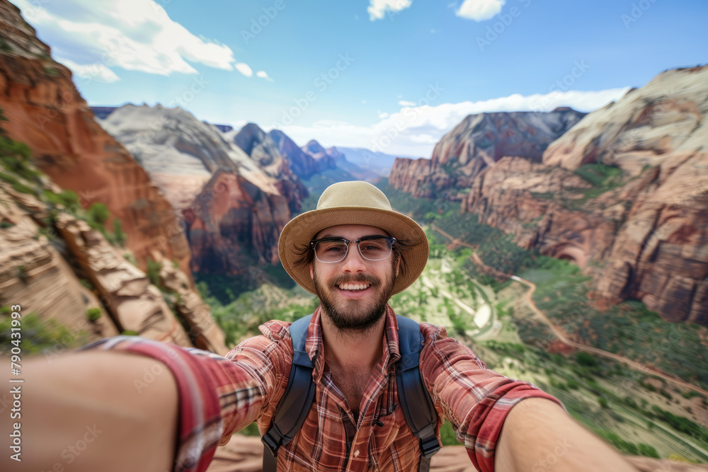A man taking a selfie of themselves with a beautiful wilderness landscape A man taking a selfie of themselves with a beautiful wilderness landscape