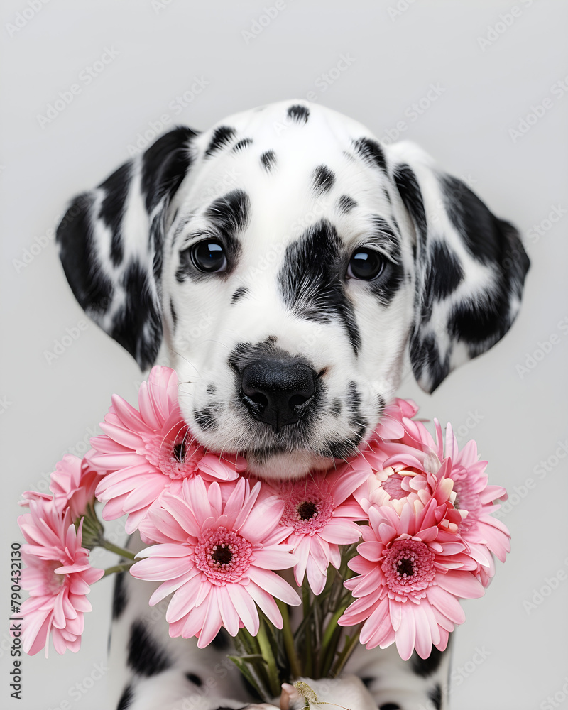 Dalmatian puppy dog holding a bouquet of pink flowers for a special occasion like Mother's Day or a birthday present Dalmatian puppy dog holding a bouquet of pink flowers for a special occasion like Mother's Day or a birthday present