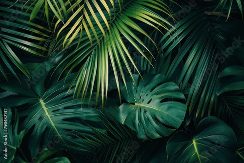 closeup nature view of green leaf and palms background. Flat lay  dark nature concept  tropical leaf - generative ai