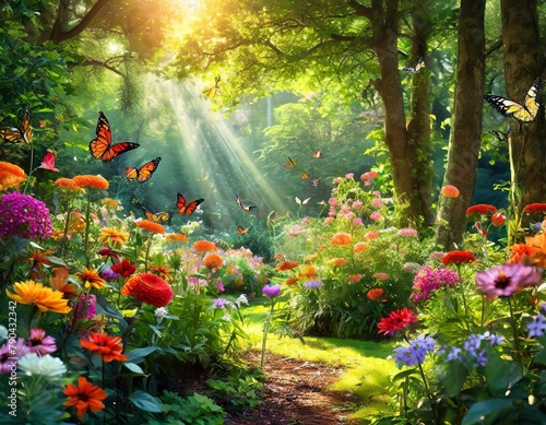 An enchanting summer garden nestled within a dense forest, dappled sunlight filtering through the canopy, vibrant flowers of all colors blooming in abundance, butterflies fluttering around, creating a
