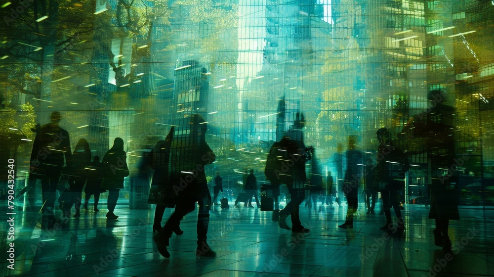 Vibrant urban rush: Busy scene with several silhouetted people moving in city, reflections off glass surfaces in blue and golden hues evoke bustling work day mood.