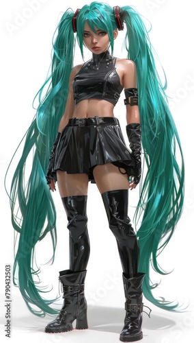 Hatsune Miku, with long green hair in two ponytails and bangs