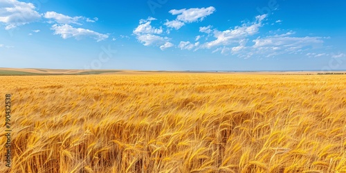 Vibrant golden wheat field under expansive blue sky  hinting at harvest season and autumn abundance  vibrant colors dominate landscape. Copy space.