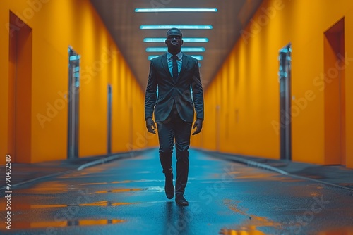 A man with electric blue tie walks on symmetrical flooring