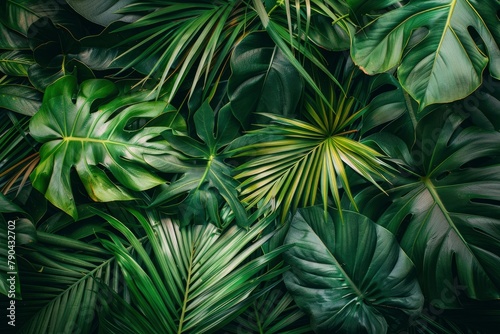 closeup nature view of green leaf and palms background. Flat lay, dark nature concept, tropical leaf - generative ai