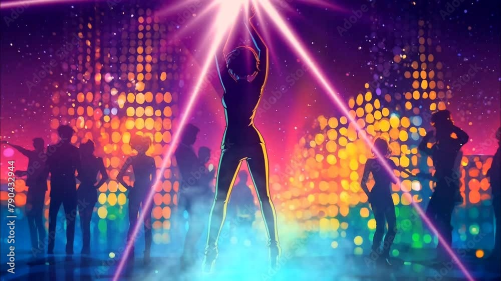 Silhouette of a woman performing disco dance in a colorful looping time-lapse animation