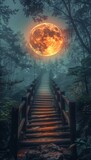 A wooden bridge leading to the moon, surrounded by dense forests and dark skies