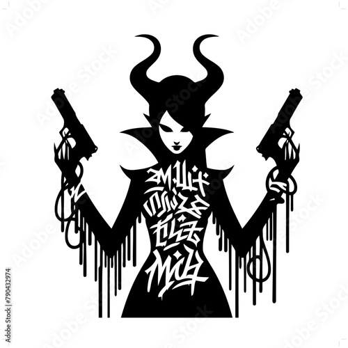 sucubus silhouette, horror character in graffiti tag, hip hop, street art typography illustration.