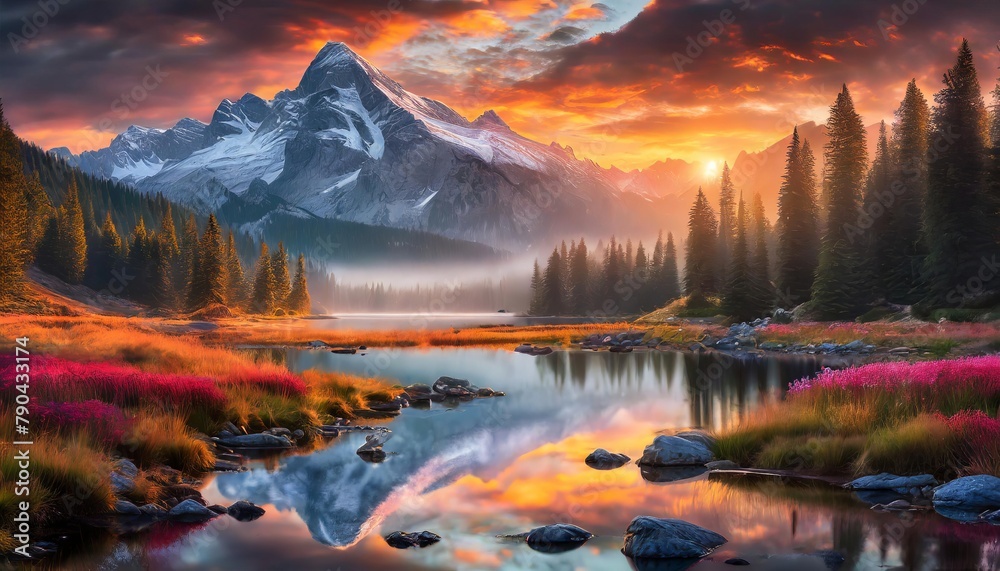 Autumn sunset over snow-capped mountains