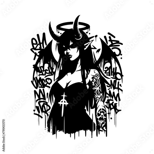 sucubus silhouette, horror character in graffiti tag, hip hop, street art typography illustration.