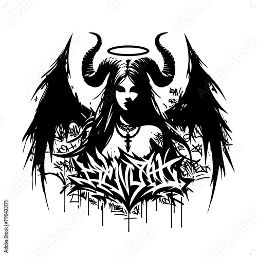 sucubus silhouette, horror character in graffiti tag, hip hop, street art typography illustration.