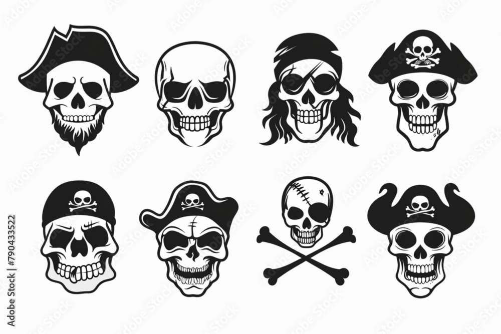 set of cute human skull icon illustration vector, pirate symbol vector icon, white background, black colour icon