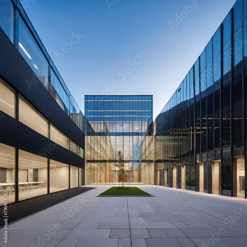 creative modern glass office building of a large corporation in the city, environmental building design with proportional straight lines going out