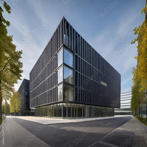 creative modern glass office building of a large corporation in the city  environmental building design with proportional straight lines going out