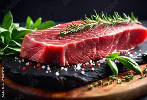 photo of a piece of raw picanha on a meat board, decorated with salt and herbs, a delicious dish of the national cuisine of the peoples of the world,