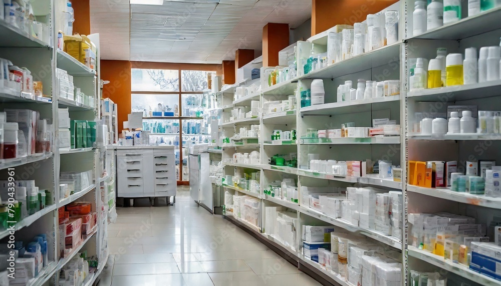 pharmacy background, shelf full of medical products