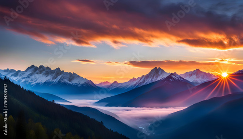 beautiful sunrise over the mountains, a breathtaking sunrise in pastel colors illuminating the majestic mountains and creating a stunning natural landscape, © Perecciv