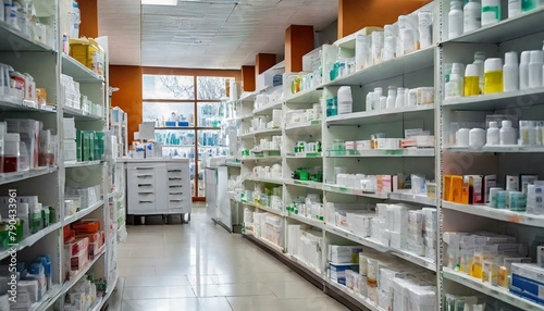 pharmacy background, shelf full of medical products