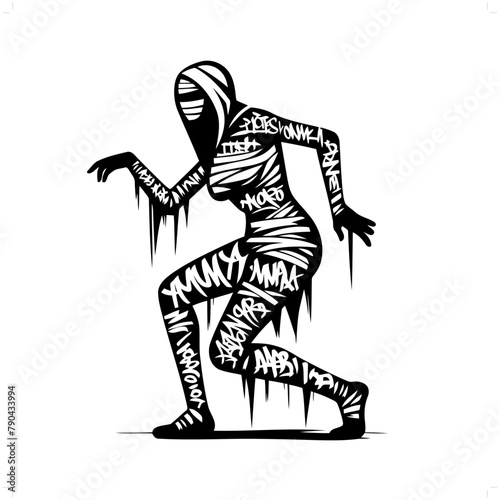 mummy silhouette, horror character in graffiti tag, hip hop, street art typography illustration.