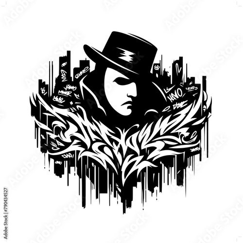 mask opera silhouette, horror character in graffiti tag, hip hop, street art typography illustration.