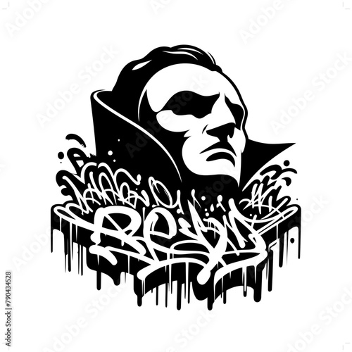 mask opera silhouette, horror character in graffiti tag, hip hop, street art typography illustration.