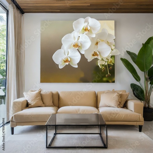 a modern living room in off white and tan with a horizontal large canvas print of white orchids above the couch, luxury living