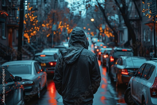 A single man stands out in a quiet and contemplative moment on a bustling, rain-soaked street lined with glowing lights and parked cars