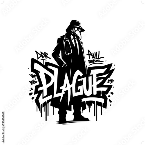 plague mask silhouette, horror character in graffiti tag, hip hop, street art typography illustration.